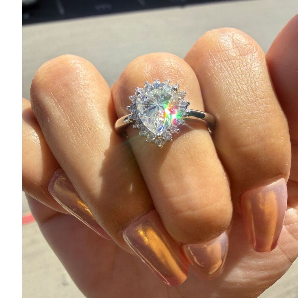 1.8 CT Pear Cut Moissanite Halo Ring Rhodium Plated Size 7 GRA Certificate